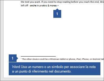 Word usa un numero o un simbolo per associare la nota a un punto di riferimento nel documento