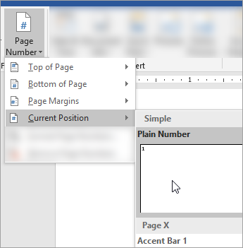Screenshot che mostra la scelta del numero di pagina Formato normale nella posizione corrente nel documento