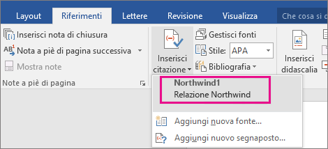 Elenco di citazioni visualizzato dal pulsante Inserisci citazione