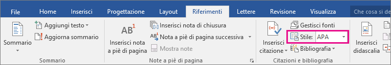 Opzione Stile APA evidenziata nella scheda Riferimenti