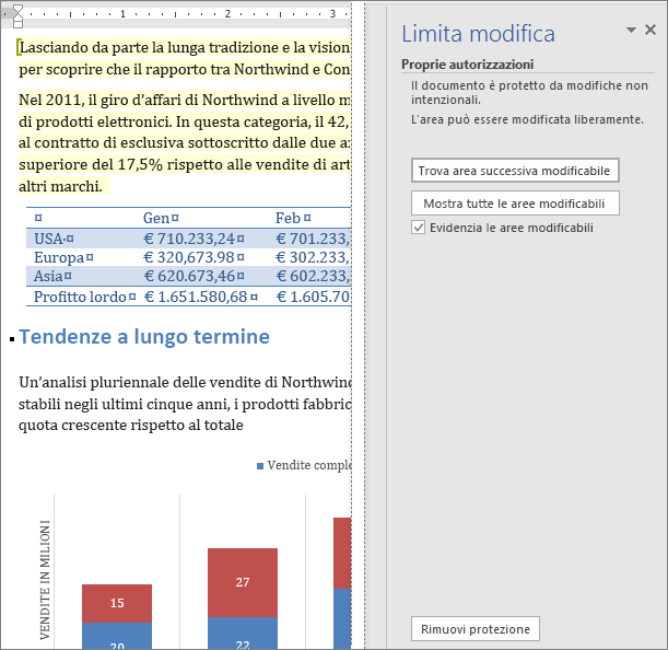 Le opzioni di modifica sono visualizzate nel riquadro Limita modifica.