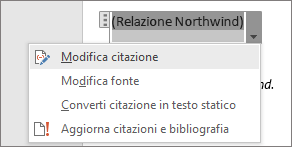Opzioni disponibili sotto una citazione
