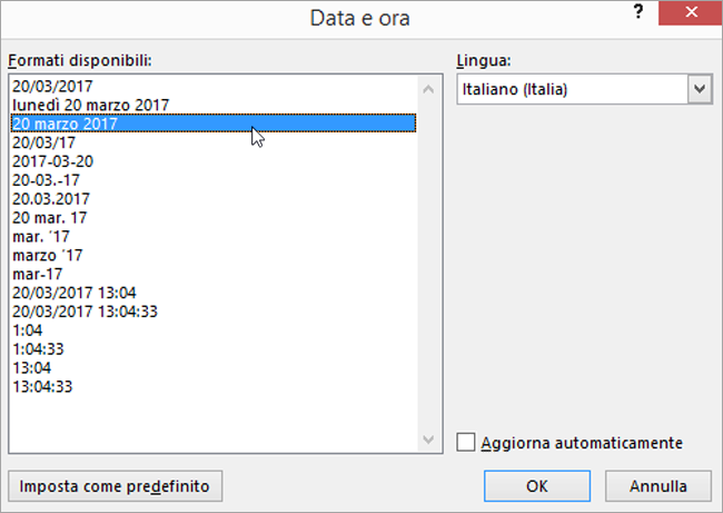 Finestra di dialogo Data e ora