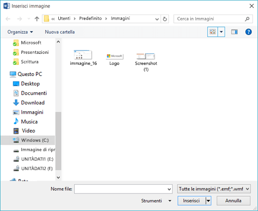 Selezionare l'immagine che si vuole inserire in Word.