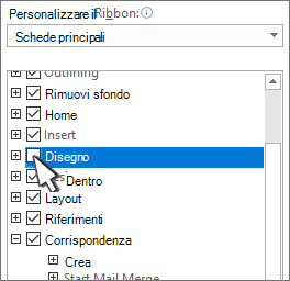 Casella di controllo per nascondere o visualizzare la scheda