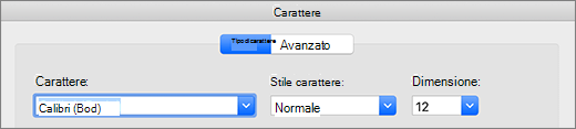 Selezione del tipo di carattere nella finestra di dialogo