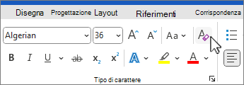 Pulsante Cancella tutta la formattazione selezionato nel gruppo Carattere