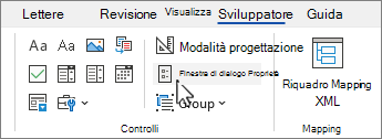 Scheda Sviluppo con il pulsante proprietà controllo selezionato