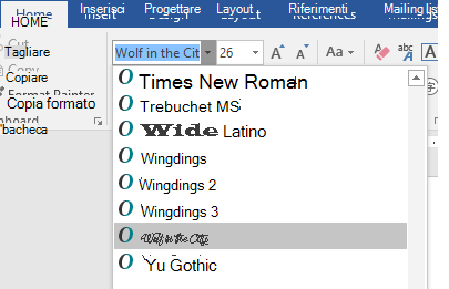 Il nuovo tipo di carattere viene ora visualizzato nell'elenco di caratteri di Word.