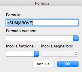 Casella Formula con la formula usata per sommare una colonna