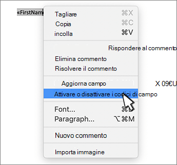 Attivare o disattivare i codici di campo nel menu di scelta rapida selezionato