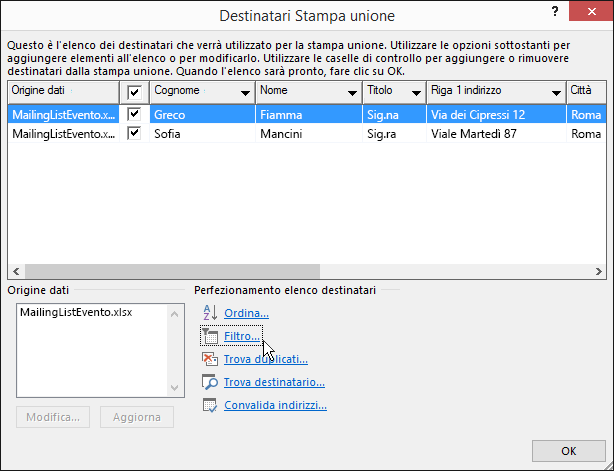 Risultati dell'applicazione di un filtro a un elenco destinatari nella procedura di stampa unione di Word.