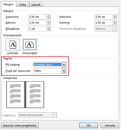 Nella scheda Margini, in Pagine, cambiare l'impostazione di Pagine multiple in Formato libro. L'orientamento diventa Orizzontale.