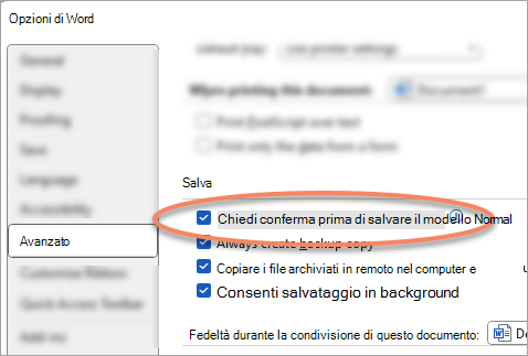 Finestra di dialogo Opzioni avanzate con l'impostazione Richiedi salvataggio modello Normale evidenziata.