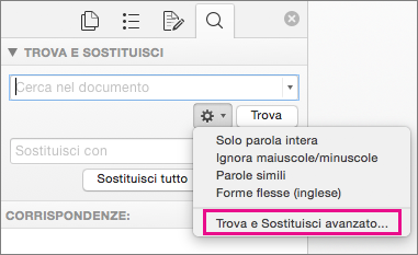Nella casella Trova e sostituisci è evidenziata l'opzione Funzionalità avanzata Trova e sostituisci
