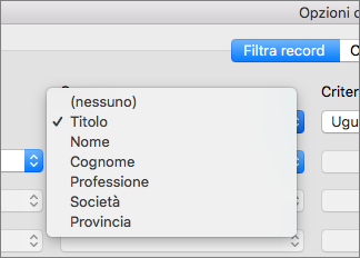 Fare clic sul campo in base a cui filtrare.