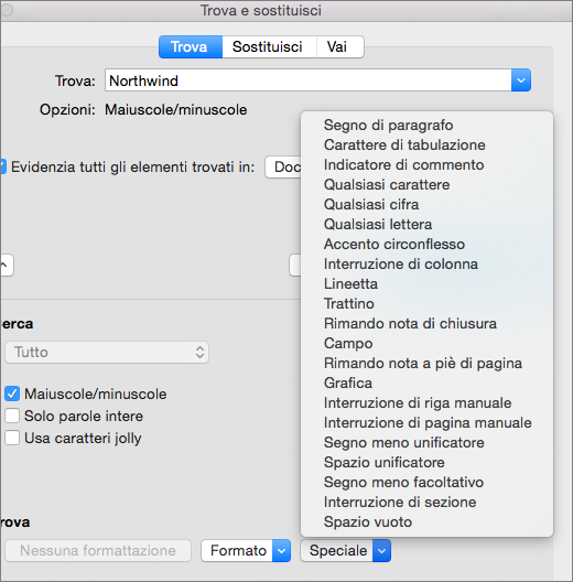 Ricerca di caratteri speciali