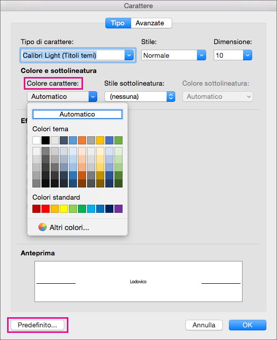 Opzioni Colore carattere e Predefinito evidenziate nella finestra Carattere.