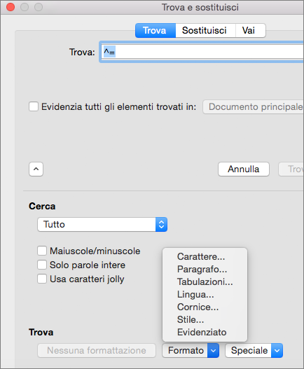Mostra le opzioni di formattazione