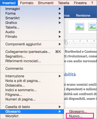 Menu Inserisci con Glossario > nuovo evidenziato.