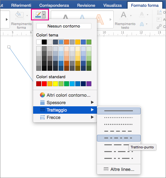Scheda Formato forma con l'opzione Contorno forma evidenziata e le opzioni del menu Linee tratteggiate.