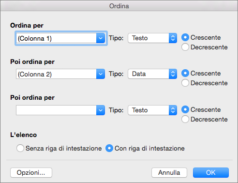 Opzioni che è possibile impostare nella finestra di dialogo Ordina.