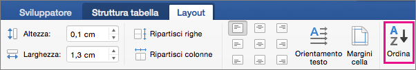 Scheda Layout tabella con l'opzione Ordina evidenziata.