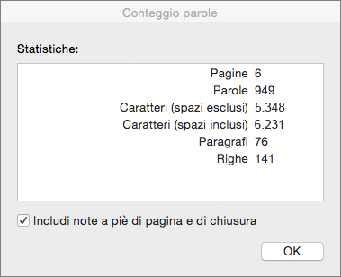 Finestra di dialogo Conteggio parole