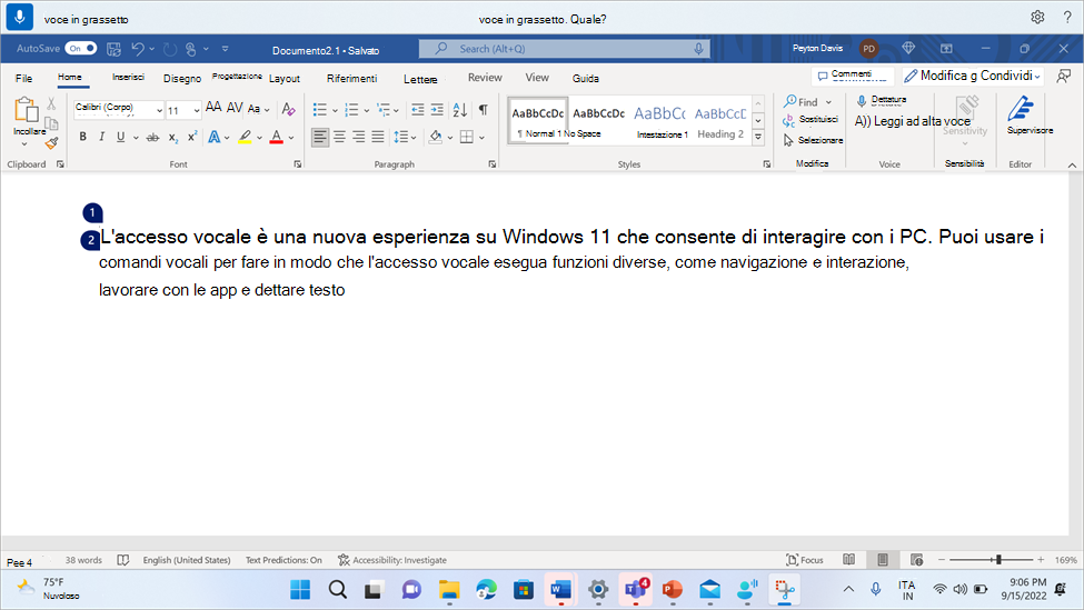 Word documento con il comando Di accesso vocale In grassetto.