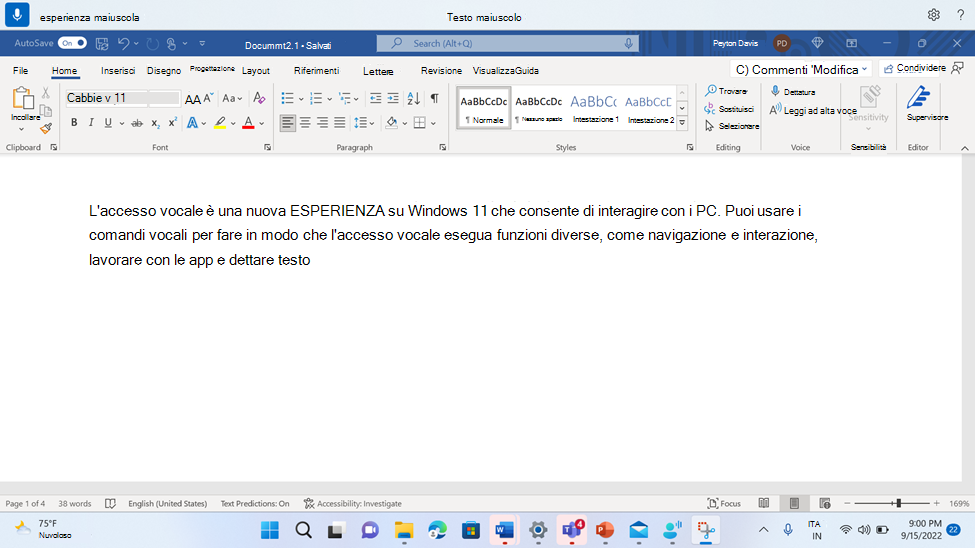 Word documento con il comando Di accesso vocale maiuscolo.