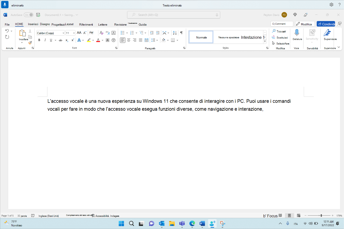 Word documento con il comando di accesso vocale Elimina.