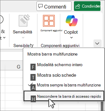 Comando tastiera per nascondere la barra di accesso rapido