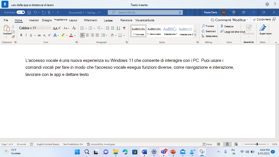 Word documento che mostra il comando di accesso vocale per l'inserimento di testo.