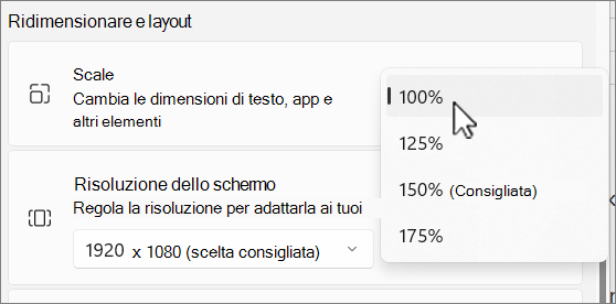 Screenshot delle opzioni ridimensiona e layout.