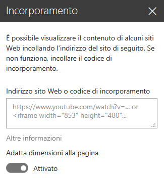 Screenshot della finestra di dialogo Codice di incorporamento in SharePoint.