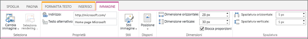 Screenshot di una sezione della barra multifunzione di SharePoint Online con la scheda Immagine selezionata e le selezioni disponibili nei gruppi Seleziona, Proprietà, Stili, Disponi, Dimensione e Spaziatura.