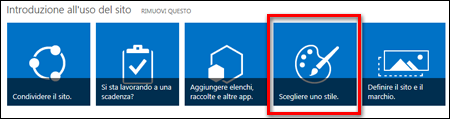 Sito appena creato in SharePoint Online che mostra i riquadri selezionabili per l'ulteriore personalizzazione del sito