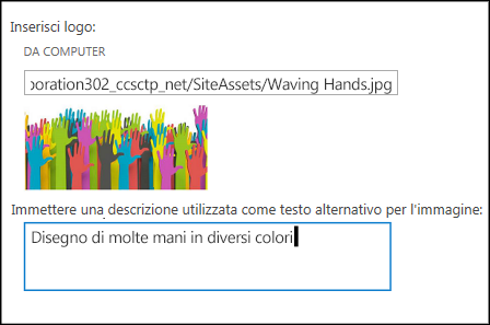 Finestra di dialogo titolo e logo del nuovo sito di SharePoint Online che mostra come creare testo alternativo per l'immagine del logo