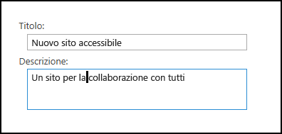 Finestra di dialogo titolo del nuovo sito di SharePoint Online