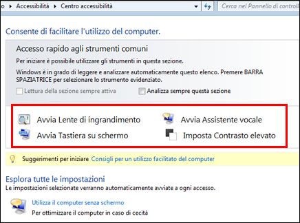 Finestra di dialogo Centro accessibilità Windows con gli strumenti di Assistive Technology