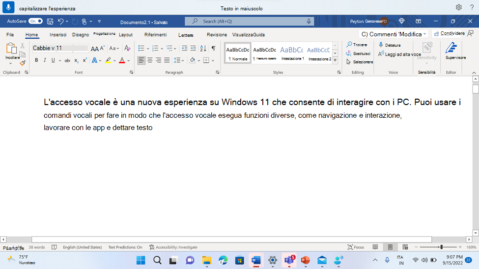 Word documento che mostra il comando Di accesso vocale In maiuscolo.