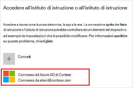 Screenshot che mostra la finestra Accedi all'azienda o all'istituto di istruzione con l'opzione Connesso a (l'organizzazione) Azure account di Active Directory selezionato