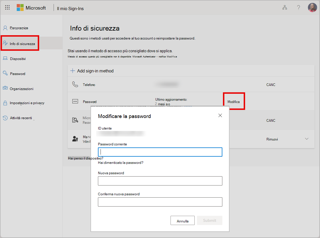 Pagina Cambia password con i campi delle password