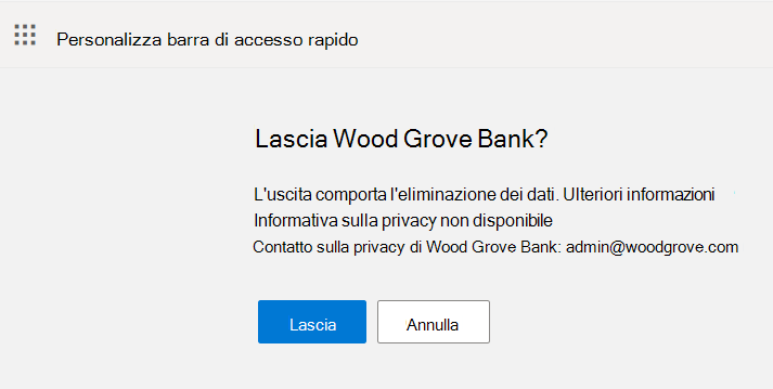 Lo screenshot mostra il pulsante Abbandona e annulla nel flusso di uscita.