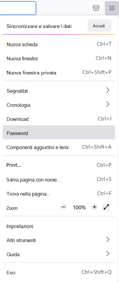 Menu principale in Firefox con l'opzione Password selezionata.