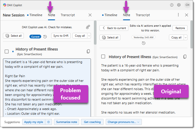 Image shows Spilt view of Note tab with HPI style