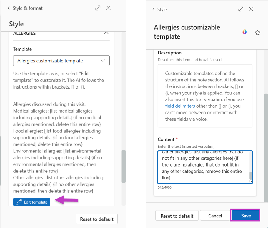 On left, Allergies section with customizable template selection and Edit template highlighted. On right, Save button highlighted.