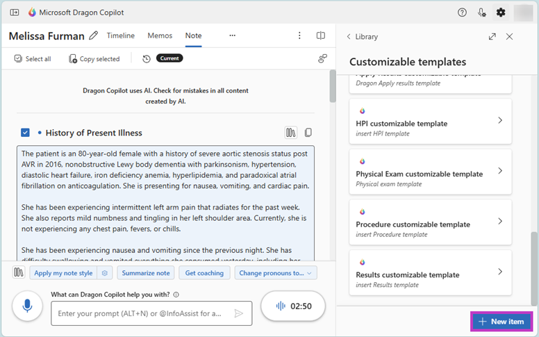 Dragon Copilot Customizable Template section of the Library with the New Item button highlighted.