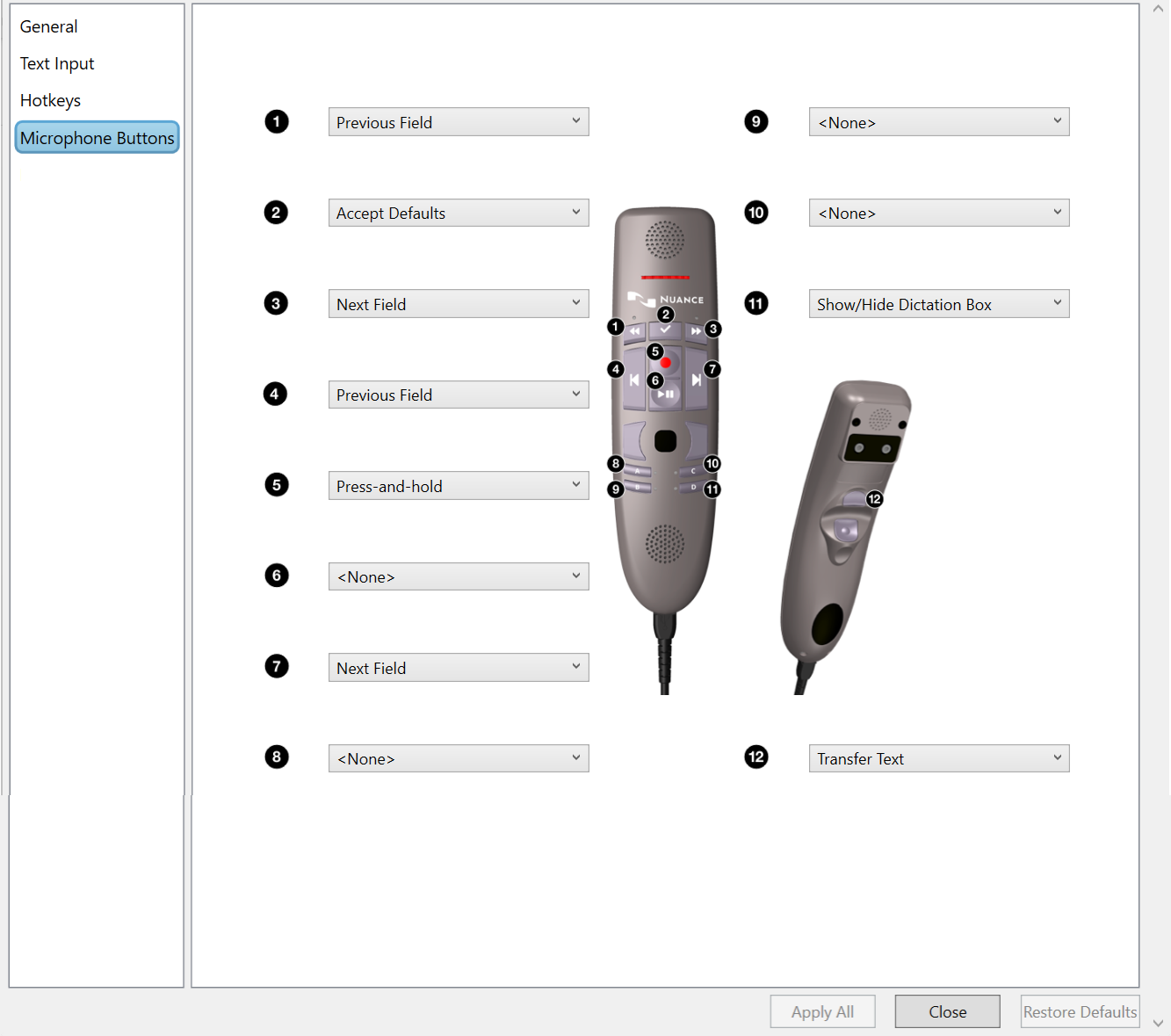 Options > Microphone Buttons window with list showing the different assignable options for a PowerMic 4