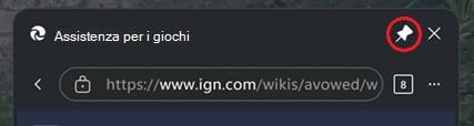Primo piano dell'intestazione di Microsoft Edge Game Assist con l'icona aggiungi/rimuovi (accanto alla chiusura) cerchiata in rosso.